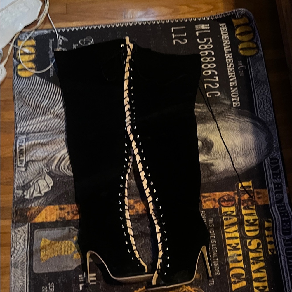 Women's Black Lace-Up Over-the-Knee High Heel Boots